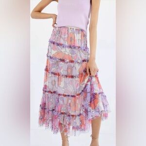 NWT Anthropologie Maeve Floral Tulle Tiered Ruffle A Line Purple Midi Skirt M